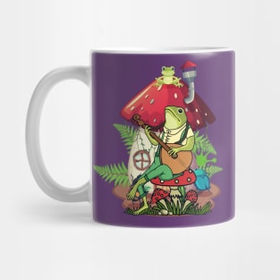 Frog sits on mushrooms and plays guitar, frog lover, mushrooms lovers Mug